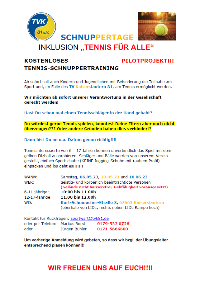 Tennis-Schnuppertraining beim TVK 81