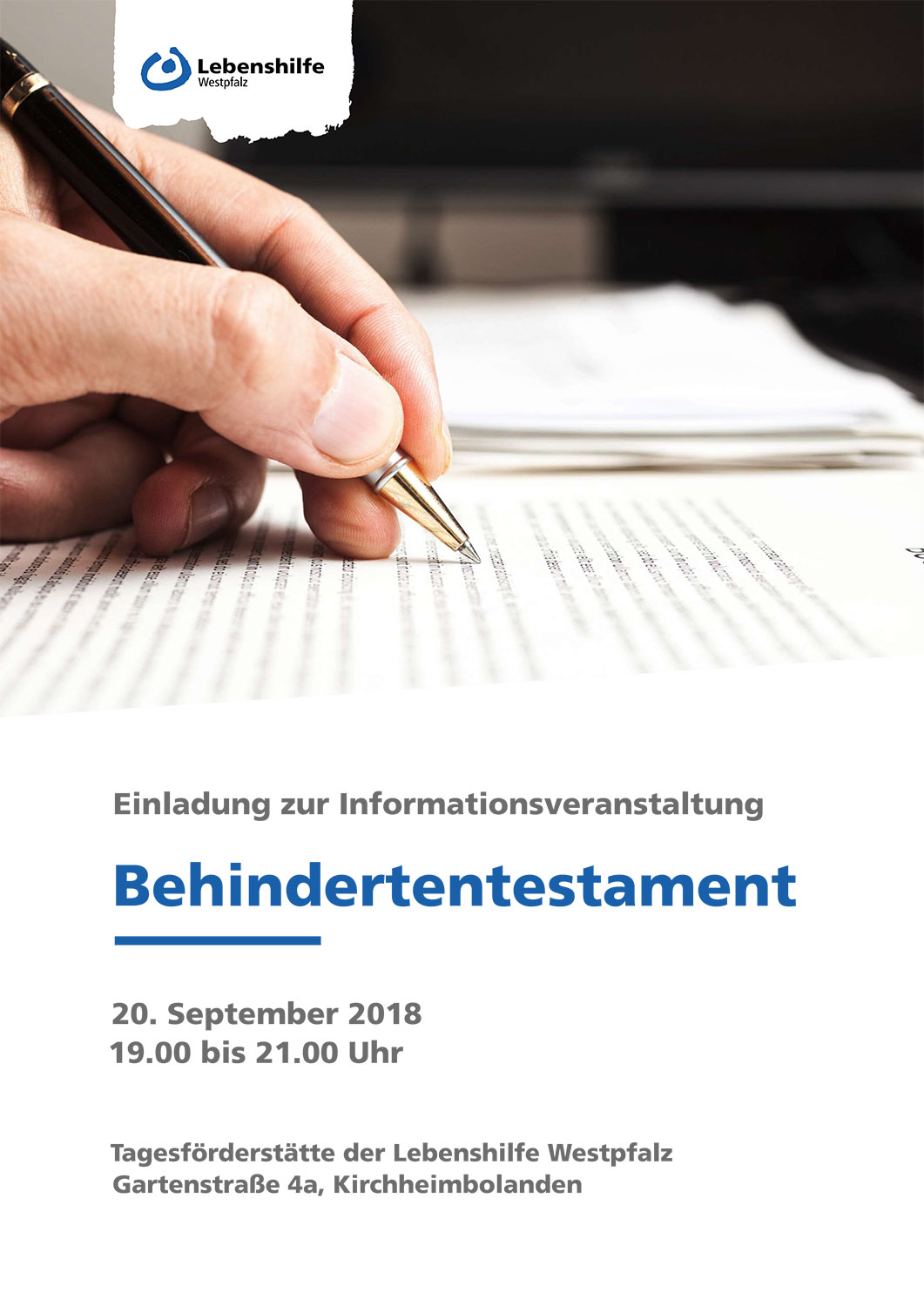 20. September 2018: Info-Veranstaltung "Behindertentestament" - Vorankündigung