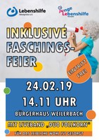 24. Februar 2019: Inklusive Faschingsfeier der Lebenshilfe Westpfalz - Vorschau